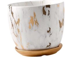 Grote Marmeren Bloempot - Decoratieve Plantenbak - Planten Binnen - Keramiek Met Motief - 18x18x15cm - Wit