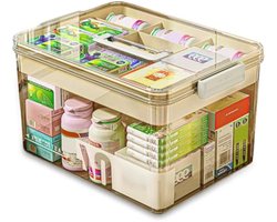 Grote Medicijnbox – Huisapotheek Organizer – Opbergdoos voor Medicijnen & EHBO – Kunststof – Theekleur