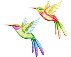 Grote metalen kolibrie muur decoratie - set van 2 stuks - kleurrijk - 22 x 26 cm - buiten vogel sculpturen - lente decoraties voor tuin en patio - huis en slaapkamer decoratie - ornamenten voor veranda - unieke tuindecoratie