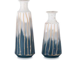 Grote metalen vazen - blauw wit Ocean Style vaas set van 2 moderne hoge bloemenvaas voor tafel woonkamer grote cilindervazen voor pampasgras droogbloemen takken wikkels