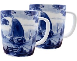 Grote Mok met oor - Set van 2 - 400 ml - Delfts blauw mok - Royal Delft - Nederland - Hollandse cadeautjes - Theemok groot - Koffiemok XL