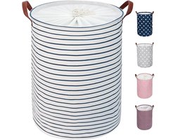 Grote opbergmanden van 18 inch voor kleding, wasmanden met trekkoord, opvouwbare waszak, opvouwbare wasmanden met grote capaciteit (blauw gestreept, M)