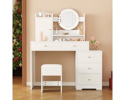 Grote opmaattafel met dimbare LED-verlichting (3 kleurtemperaturen), geïntegreerde stopcontacten en spiegel – inclusief 1 kruk, 5 lades & 1 deurvak. Kleur: Wit Afmetingen (B×H×D): B90 × H132 × D40 cm.