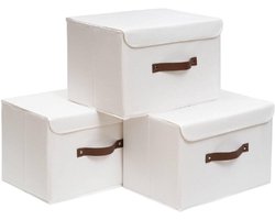 Grote Opvouwbare Opbergdoos Met Deksel - Linnen Stof Kleding Plank Mand Bakken Doos Voor Handdoeken - Kleding - 38 x 25 x 25 cm (Wit - Set van 3)