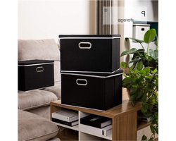 Grote Opvouwbare Opbergdozen Met Deksel - Opvouwbare Organizer Containers - Mandenset Voor Thuis Slaapkamer Kast Kantoor En Kinderkamer - Kaki-Zwart - 3 Stuks 45 x 30 x 30 cm