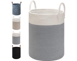 Grote opvouwbare wasmand van katoenen touw - 40 cm x 50 cm - leren handgrepen - wit/grijs - opbergen kleding luiers speelgoed