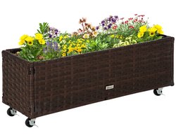 Grote Plantenbak - Luxe Bloembak met Wielen & Drainagegaten - van Polyrotan - Verhoogd Plantenbed - Tuinbed - Kweekbak - Moestuinbak - voor Buiten, Terras, Tuin & Balkon - voor Groenten, Bloemen & Kruiden - 94,5 x 31 x 36 cm - Koffiebruin
