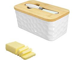 Grote Porseleinen Botervloot met Houten Deksel en Mes, Ideaal voor 300g Boter, Perfect voor Keuken en Tafelgebruik