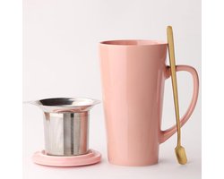 Grote Porseleinen Mok met Thee-ei en Deksel - 450ml Losse Thee Kop Roze