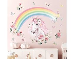 Grote Regenboog Muurstickers Paard Bloem Peel en Stok Wall Art Stickers voor Meisjes Slaapkamer Kinderkamer Baby Nursery