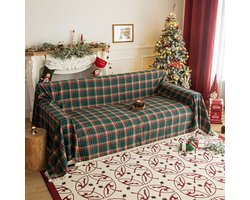 Grote retro kerstplaid voor de bank – Kersthoes voor 1-, 2-, 3- of 4-zitsbanken met franjes – Decoratieve, veelzijdige deken/meubelbeschermer voor stoelen en fauteuils (rood & groen, 180 x 260 cm)
