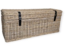 Grote Rieten Opbergmand met Klep 120cm | Leren Sluiting | Handgemaakt Indonesië | Woonkamer & Hal