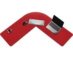 Grote rode L-vormige bureaumat 90 cm L x 39 cm W voor hoekbureau - waterdicht PU-leder