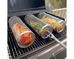 Grote Rollende Grillmand Roestvrijstalen BBQ Grillrooster Mandje Anti-aanbak Vis Groenten Grillrooster BBQ-accessoires voor buiten Picknick Kampvuur Kamperen 2 Stuks (20 cm)