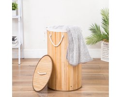 Grote Ronde Bamboe Wasmand met deksel - 80 L - Wasmand 1 Vak met stoffen waszak - Opvouwbaar - Wassorteerder Rond