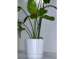 Grote Ronde Pot 32cm Wit Marmer met Spiegeldelen en Schotel