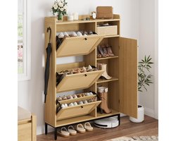 Grote Rotan Schoenenkast met 3 Kieplades & Zijkast - Voor 32 tot 40 Paar Schoenen - Halmeubel met Verstelbare Planken - Natuurlijk Hout