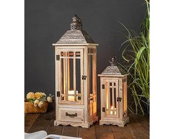 Grote rustieke houten en metalen decoratieve lantaarns set van 2 voor binnen en buiten