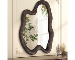 Grote Rustieke Wandspiegel met Houten Frame - Vintage Asymmetrische Spiegel voor Badkamer, Slaapkamer, en Woonkamer - 70 x 50 cm