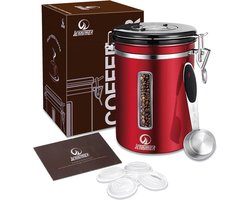 Grote RVS koffiekan met transparant venster Bus verse bonen en bodem voor langere canisters met datumaanduiding, CO2-ontlastventiel en maatschepje Large (rood)