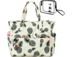 Grote strandtas met ritssluiting dames waterdichte schoudertas draagtas shopper zanddicht met ritssluiting zwembad fitness reistas familie, Ananas & Toilettas