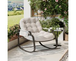 Grote Tuin Schommelstoel van rotan - verstelbare rugleuning, opvouwbare voetensteun en gewatteerd kussen, buitenstoel voor terras, beige