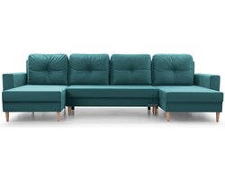 Grote U-vormige hoekbank XXL, panoramisch design, met opbergruimte, comfortabele 6/7-zitsbank – stoffen bekleding – 300x142x90 cm – CARL U - Blauw (Manila 12)