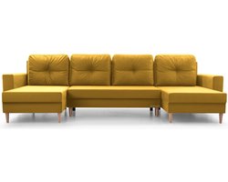 Grote U-vormige hoekbank XXL, panoramisch design, met opbergruimte, comfortabele 6/7-zitsbank – stoffen bekleding – 300x142x90 cm – CARL U - Geel (Manila 32)