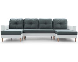 Grote U-vormige hoekbank XXL, panoramisch design, met opbergruimte, comfortabele 6/7-zitsbank – stoffen bekleding – 300x142x90 cm – CARL U - Grijs + Wit kunstleer (Manila 16 + Soft 17 )