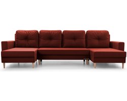 Grote U-vormige hoekbank XXL, panoramisch design, met opbergruimte, comfortabele 6/7-zitsbank – stoffen bekleding – 300x142x90 cm – CARL U - Wijnrood (Manila 23)