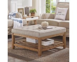 Grote Vierkante Gestoffeerde Tufted Linnen Ottomaanse Koffietafel met Massief Houten Plank