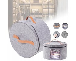 Grote Vilten Hoedendoos Met Deksel - 43 cm Diameter Transparant Kijkvenster Zacht Leren Handvat - Stapelbare Hoedenorganizer Voor in De Kast En Op Reis - Grijs