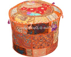 Grote Vintage Oranje Etnische Geborduurde Patchwork Katoen Ronde Poef Ottomaanse Cover 40cm - Poef & Voetenbank