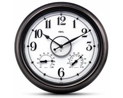 Grote Wandklok 45 cm – Binnen/Buiten – Industrieel – Stil & Verlicht – Waterdicht – Met Thermometer & Hygrometer – Zwart/Dark Brons