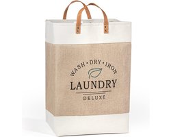 Grote wasmand gemaakt van katoen en linnen, XL wasmand opvouwbaar als wasbox , waszak met handvatten, wasbak en waszak, beige voor slaapkamer en badkamer.