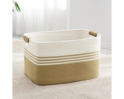 Grote wasmand, geweven katoenen opbergmand met leren handvat voor kleding, speelgoed, kussens, dekens, mand voor woonkamer, kinderkamer, slaapkamer, 55 x 43 x 30 cm, kaki