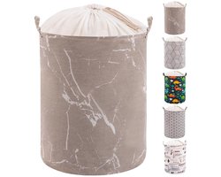 Grote wasmand met deksel, opvouwbare wasmand met trekkoord en handvat, opvouwbaar voor badkamer, slaapkamer, opbergruimte voor kleding, speelgoed, handdoeken, grijs, marmer, 50 cm