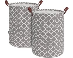 Grote wasmand met stevig leren handvat, verdikte waterdichte opvouwbare opbergmand met trekkoord, vrijstaande wasmand voor slaapkamer en badkamer, grijs, L
