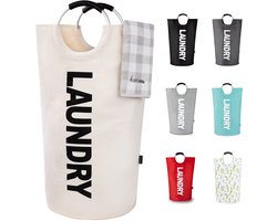 Grote wasmand van 90 liter, waterdichte wasmand, wasmand met gewatteerde handgrepen, staande wasemmer, opvouwbare wasbox voor eenvoudig opbergen, beige