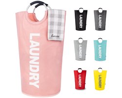 Grote wasmand van 90 liter, waterdichte wasmand, wasmand met gewatteerde handgrepen, staande wasemmer, opvouwbare wasbox voor eenvoudig opbergen, roze