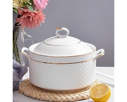 Grote Witte Soepterrine van Porselein met Deksel en Lepel - 3.2L
