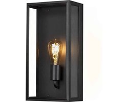 Grote zwarte rechthoekige buitenlamp met helder glas