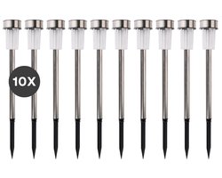 Grundig Solar Tuinverlichting - Tuinfakkels 10 Stuks - Prikspot op Zonne Energie - Tuinlantaarns met Wit Licht - IP44 Waterbestendig - Batterijduur 6-8 Uur - Ø4,8 x 36,5 cm - Roestvrij Staal