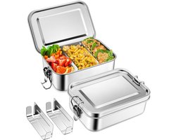 Gsedaox-Lunchbox-2 Stuks-Bento Box-RVS Broodtrommel-Brooddoos met Losse Compartimenten-Volwassenen en Kinderen-850 ml-Vershouddoos-Zilver