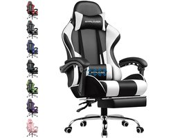GTPLAYER Gamingstoel Ergonomische met Volledige Ondersteuning voor Hoofd, Lenden en Voeten, PU-Wit