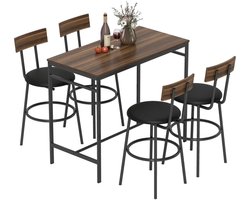 Gudalio Bartafel Set - Eettafel Set - Tafel - Keukentafel - 4 Persoons - 4 Gestoffeerde Krukken - 5 Delig - Modern - Hout - Zwart