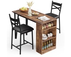 Gudalio Bartafel Set - Hoge eettafel - Statafel - Incl. 2 Barkrukken - Uitschuifbaar - Stevig - 3 delig - Opbergruimte - Bruin