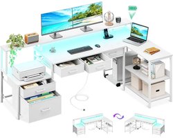 Gudalio Bureau - Hoekbureau - Computertafel - L-vormig - Gaming - LED - Stopcontacten & USB - Omkeerbaar - Bergruimte - Groot - Wit