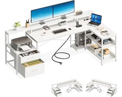 Gudalio Bureau - Hoekbureau - Computertafel - L-vormig - Gaming - Stopcontacten & USB - Omkeerbaar - Bergruimte - Groot - Wit