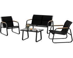 Gudalio Tuinset - 4 delig - Lounge Set - Balkonset - 2 Fauteuils - Loveseat - Glazen Salontafel - Weersbestendig - Zwart